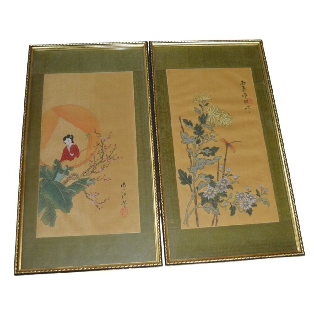 Vintage Chinese Geisha Floral Prints on Silk in Gilt Frames Set of Two 9x17 Inch